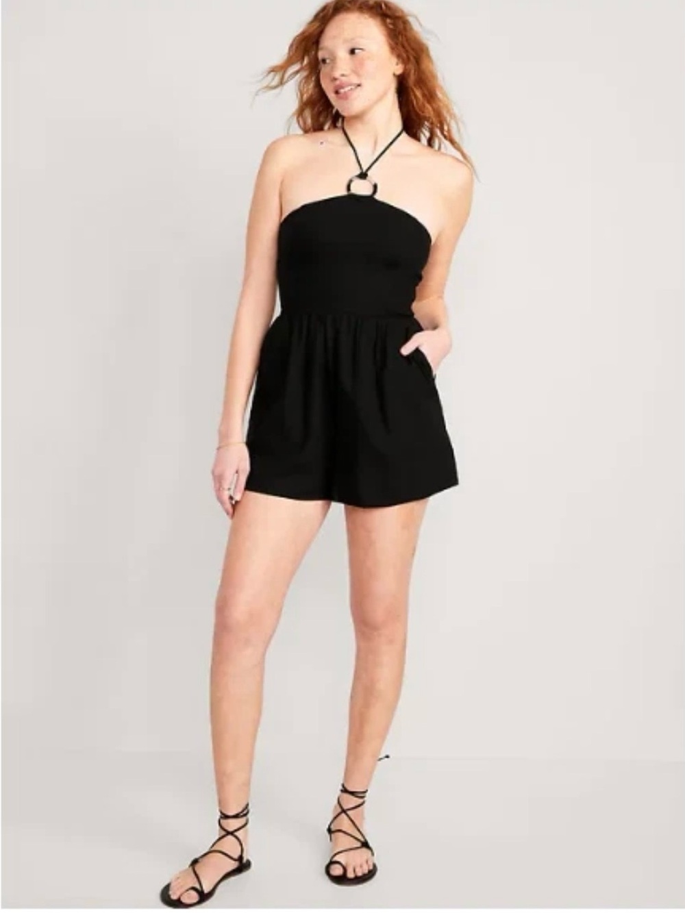 5 for $25!! Old Navy Black Linen-Blend O-Ring Halter Romper 3-inch inseam